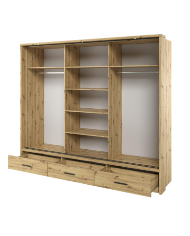 Szafa przesuwna, 250 cm, AR-01P-3L ARTI, 3-drzwiowa, lustra, szuflady, oświetlenie, Dąb artisan, LENART