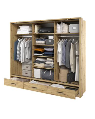 Szafa przesuwna, 250 cm, AR-01P-3L ARTI, 3-drzwiowa, lustra, szuflady, oświetlenie, Dąb artisan, LENART