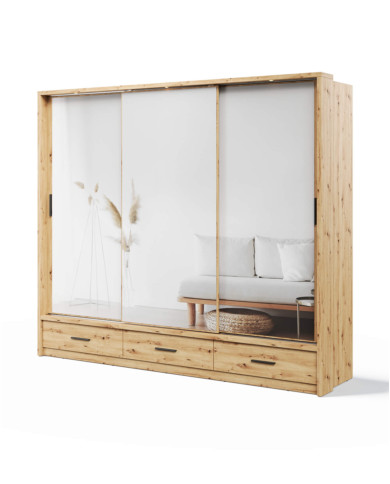 Szafa przesuwna, 250 cm, AR-01P-3L ARTI, 3-drzwiowa, lustra, szuflady, oświetlenie, Dąb artisan, LENART