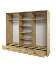 Szafa przesuwna, 250 cm, AR-01P ARTI, 3-drzwiowa, lustro, szuflady, oświetlenie, Dąb artisan, LENART