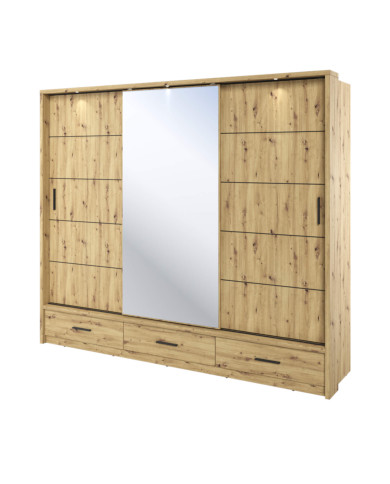 Szafa przesuwna, 250 cm, AR-01P ARTI, 3-drzwiowa, lustro, szuflady, oświetlenie, Dąb artisan, LENART