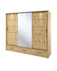 Szafa przesuwna, 250 cm, AR-01P ARTI, 3-drzwiowa, lustro, szuflady, oświetlenie, Dąb artisan, LENART