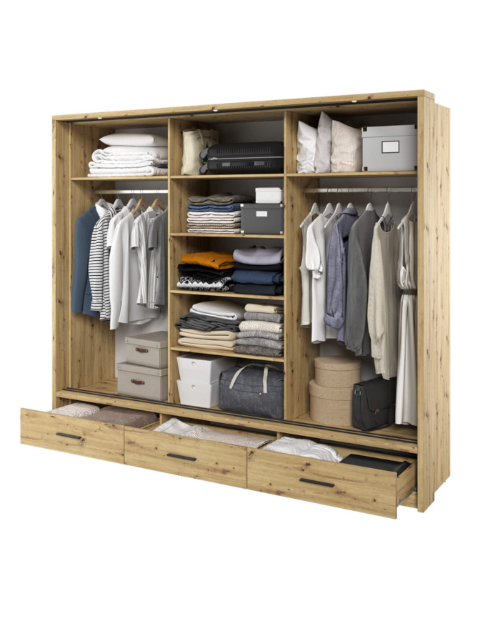 Szafa przesuwna, 250 cm, AR-01P ARTI, 3-drzwiowa, lustro, szuflady, oświetlenie, Dąb artisan, LENART