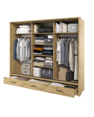 Szafa przesuwna, 250 cm, AR-01P ARTI, 3-drzwiowa, lustro, szuflady, oświetlenie, Dąb artisan, LENART