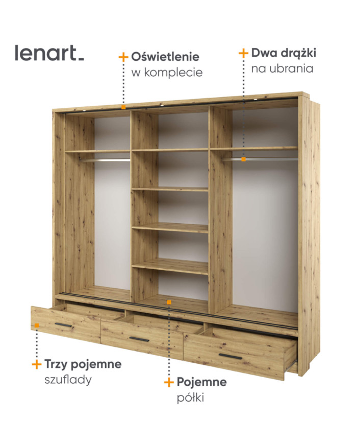 Szafa przesuwna, 250 cm, AR-01P ARTI, 3-drzwiowa, lustro, szuflady, oświetlenie, Dąb artisan, LENART