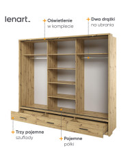 Szafa przesuwna, 250 cm, AR-01P ARTI, 3-drzwiowa, lustro, szuflady, oświetlenie, Dąb artisan, LENART