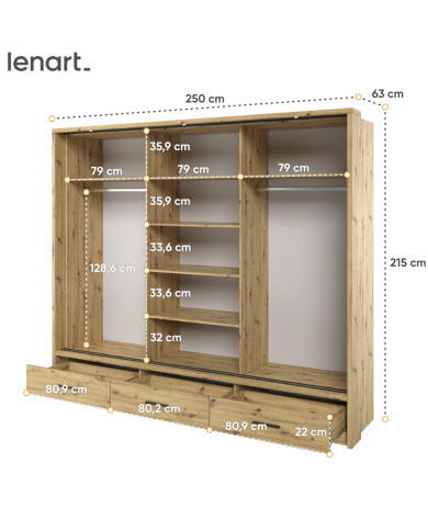 Szafa przesuwna, 250 cm, AR-01P ARTI, 3-drzwiowa, lustro, szuflady, oświetlenie, Dąb artisan, LENART