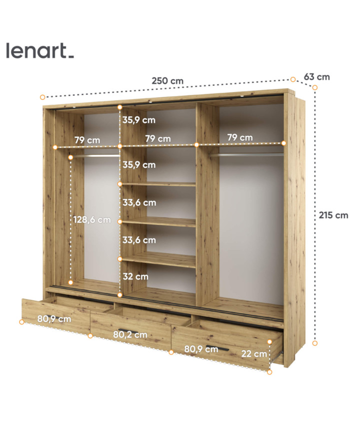 Szafa przesuwna, 250 cm, AR-01P ARTI, 3-drzwiowa, lustro, szuflady, oświetlenie, Dąb artisan, LENART
