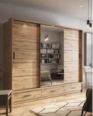 Szafa przesuwna, 250 cm, AR-01P ARTI, 3-drzwiowa, lustro, szuflady, oświetlenie, Dąb artisan, LENART