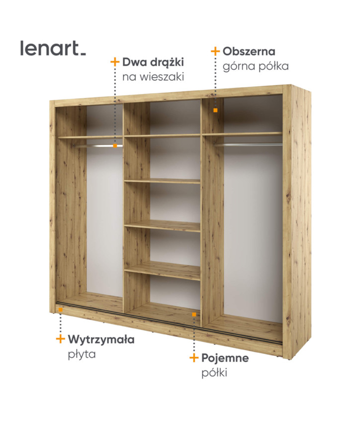 Szafa przesuwna, 250 cm, AR-02 ARTI , 3-drzwiowa, lustra, Dąb artisan, LENART
