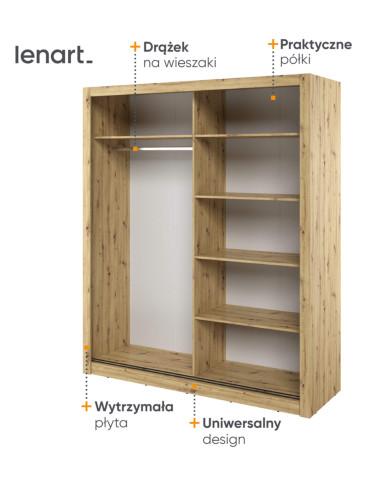 Szafa przesuwna, 180 cm, AR-03 ARTI, 2-drzwiowa, lustra, Dąb artisan, LENART