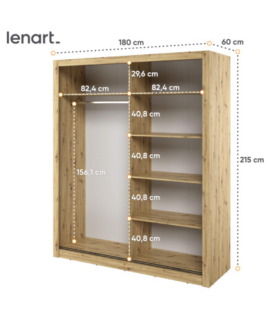 Szafa przesuwna, 180 cm, AR-03 ARTI, 2-drzwiowa, lustra, Dąb artisan, LENART