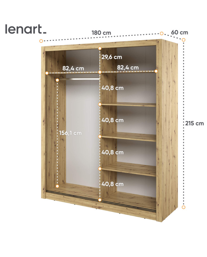 Szafa przesuwna, 180 cm, AR-03 ARTI, 2-drzwiowa, lustra, Dąb artisan, LENART