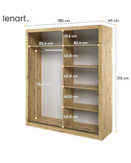 Szafa przesuwna, 180 cm, AR-03 ARTI, 2-drzwiowa, lustra, Dąb artisan, LENART