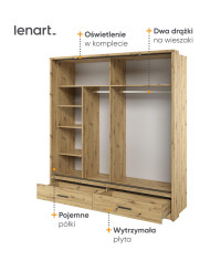 Szafa przesuwna, 200 cm, AR-05P ARTI, 2-drzwiowa, lustro, oświetlenie, Dąb artisan, LENART