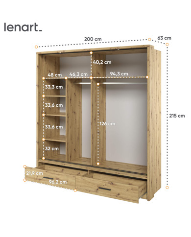 Szafa przesuwna, 200 cm, AR-05P ARTI, 2-drzwiowa, lustro, oświetlenie, Dąb artisan, LENART