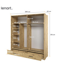 Szafa przesuwna, 200 cm, AR-05P ARTI, 2-drzwiowa, lustro, oświetlenie, Dąb artisan, LENART