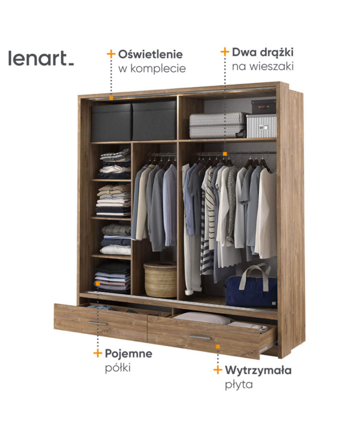 Szafa przesuwna, 200 cm, AR-05P ARTI, 2-drzwiowa, lustro, oświetlenie, Dąb styrling, LENART