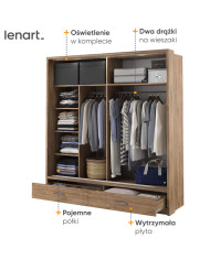 Szafa przesuwna, 200 cm, AR-05P ARTI, 2-drzwiowa, lustro, oświetlenie, Dąb styrling, LENART