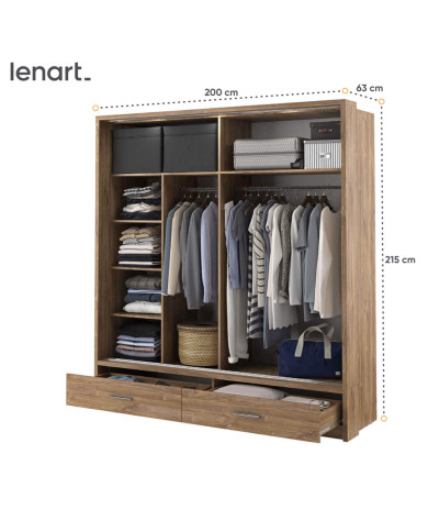 Szafa przesuwna, 200 cm, AR-05P ARTI, 2-drzwiowa, lustro, oświetlenie, Dąb styrling, LENART