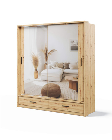 Szafa przesuwna, 200 cm, AR-05P-L ARTI, 2-drzwiowa, lustro, oświetlenie, Dąb artisan, LENART
