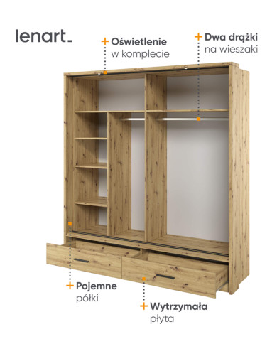 Szafa przesuwna, 200 cm, AR-05P-L ARTI, 2-drzwiowa, lustro, oświetlenie, Dąb artisan, LENART