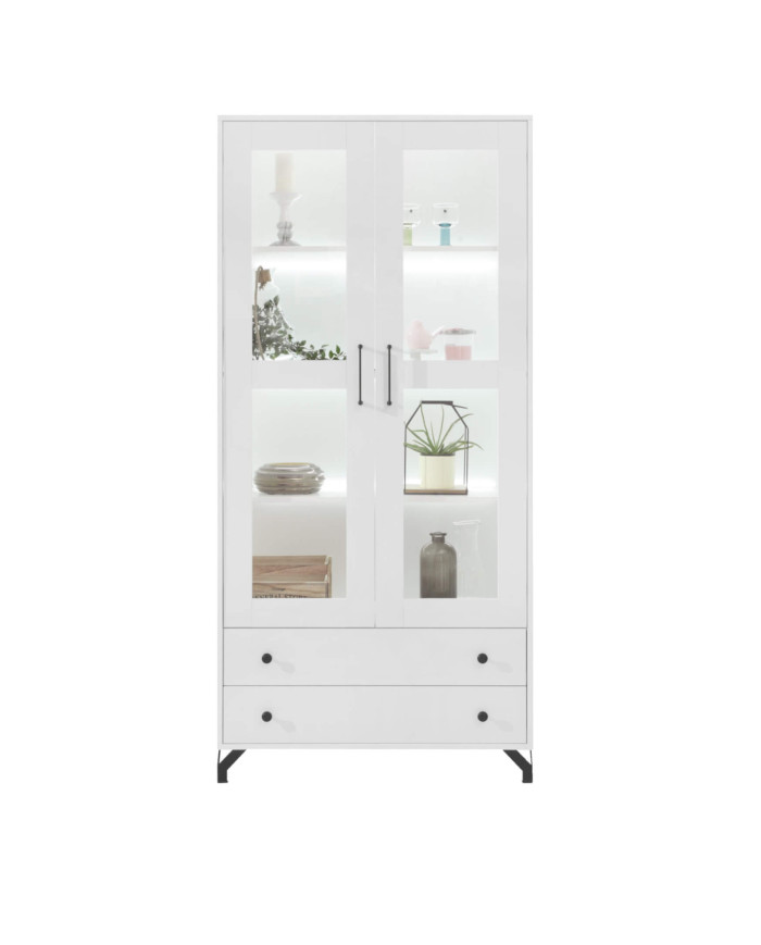 Witryna dwudrzwiowa Bergen BE2, przeszklona z szufladami, Biały lux/ Biały połysk, MEBLAR
