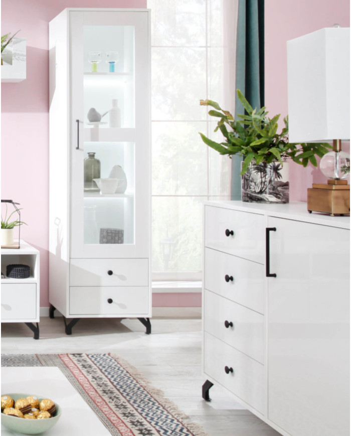 Regał Bergen BE4, wnęki regałowe, szuflady, Biały lux/ Biały połysk, MEBLAR