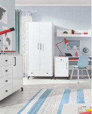 Regał Bergen BE5, wnęki regałowe, szuflada, drzwiczki, Biały lux/ Biały połysk, MEBLAR