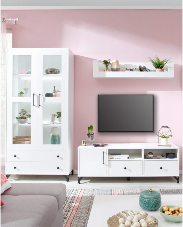 Komoda Bergen BE7, drzwi, szuflady, wnęka regałowa, Biały lux/ Biały połysk, MEBLAR