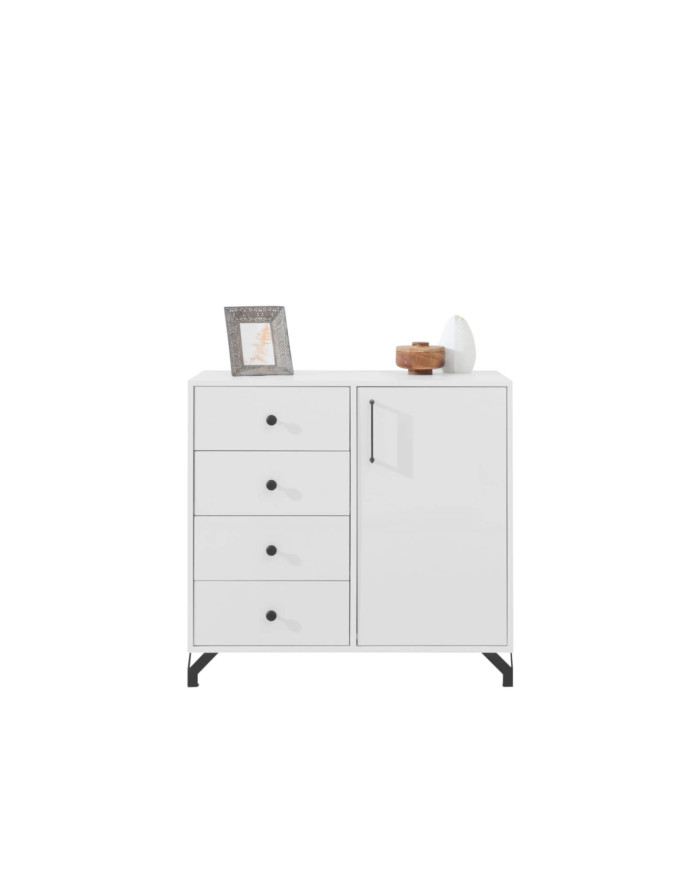 Komoda Bergen BE7, drzwi, szuflady, wnęka regałowa, Biały lux/ Biały połysk, MEBLAR