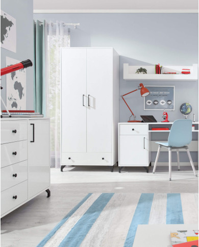 Szafka RTV Bergen BE8, z drzwiami, szufladami, półkami, Biały lux/ Biały połysk, MEBLAR