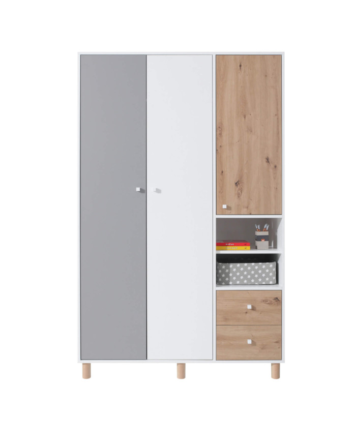 Szafa Faro FR1, trzydrzwiowa, z szufladami i regałem, Biały lux/ Dąb artisan/ Szary, MEBLAR