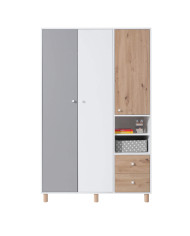 Szafa Faro FR1, trzydrzwiowa, z szufladami i regałem, Biały lux/ Dąb artisan/ Szary, MEBLAR
