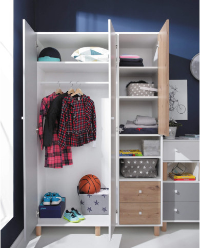 Szafa Faro FR1, trzydrzwiowa, z szufladami i regałem, Biały lux/ Dąb artisan/ Szary, MEBLAR