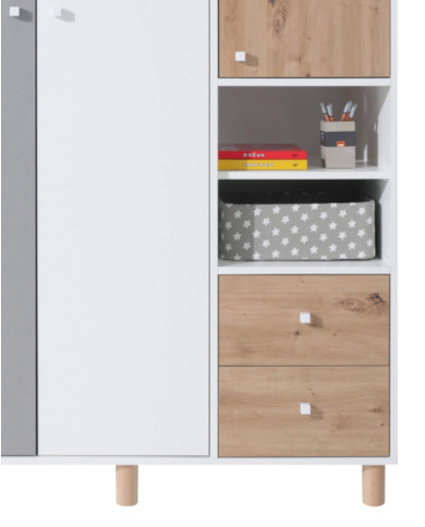 Szafa Faro FR1, trzydrzwiowa, z szufladami i regałem, Biały lux/ Dąb artisan/ Szary, MEBLAR