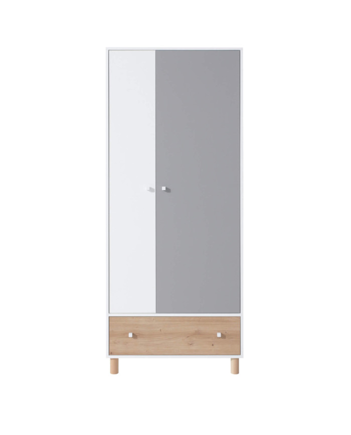 Szafa Faro FR3, dwudrzwiowa z szufladą, Biały lux/ Dąb artisan/ Szary, MEBLAR