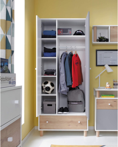 Szafa Faro FR3, dwudrzwiowa z szufladą, Biały lux/ Dąb artisan/ Szary, MEBLAR