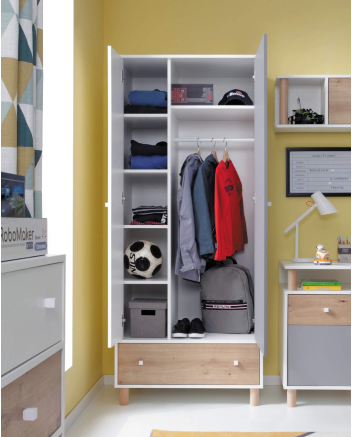 Szafa Faro FR3, dwudrzwiowa z szufladą, Biały lux/ Dąb artisan/ Szary, MEBLAR