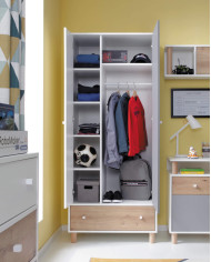 Szafa Faro FR3, dwudrzwiowa z szufladą, Biały lux/ Dąb artisan/ Szary, MEBLAR