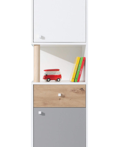 Regał Faro FR5 z drzwiami, szufladą i półką, Biały lux/ Dąb artisan/ Szary, MEBLAR
