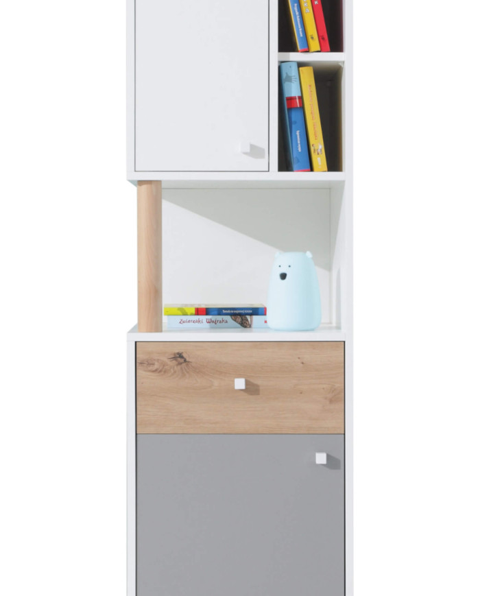Regał Faro FR6, drzwiczki, szuflada, wnęka, półki, Biały lux/ Dąb artisan/ Szary, MEBLAR