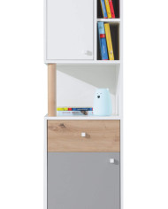 Regał Faro FR6, drzwiczki, szuflada, wnęka, półki, Biały lux/ Dąb artisan/ Szary, MEBLAR