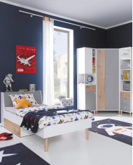 Regał Faro FR7, szuflady, półki, Biały lux/ Dąb artisan/ Szary, MEBLAR