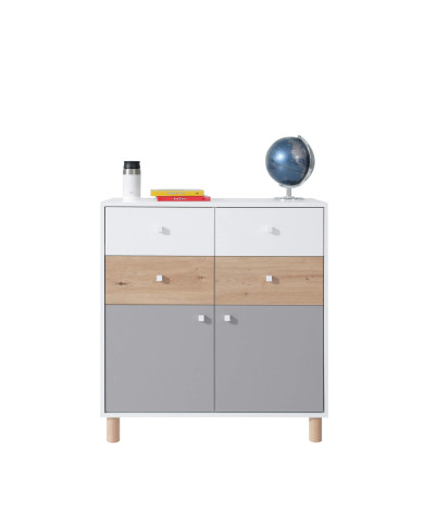 Komoda Faro FR10, drzwi, szuflady, Biały lux/ Dąb artisan/ Szary, MEBLAR