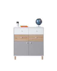 Komoda Faro FR10, drzwi, szuflady, Biały lux/ Dąb artisan/ Szary, MEBLAR