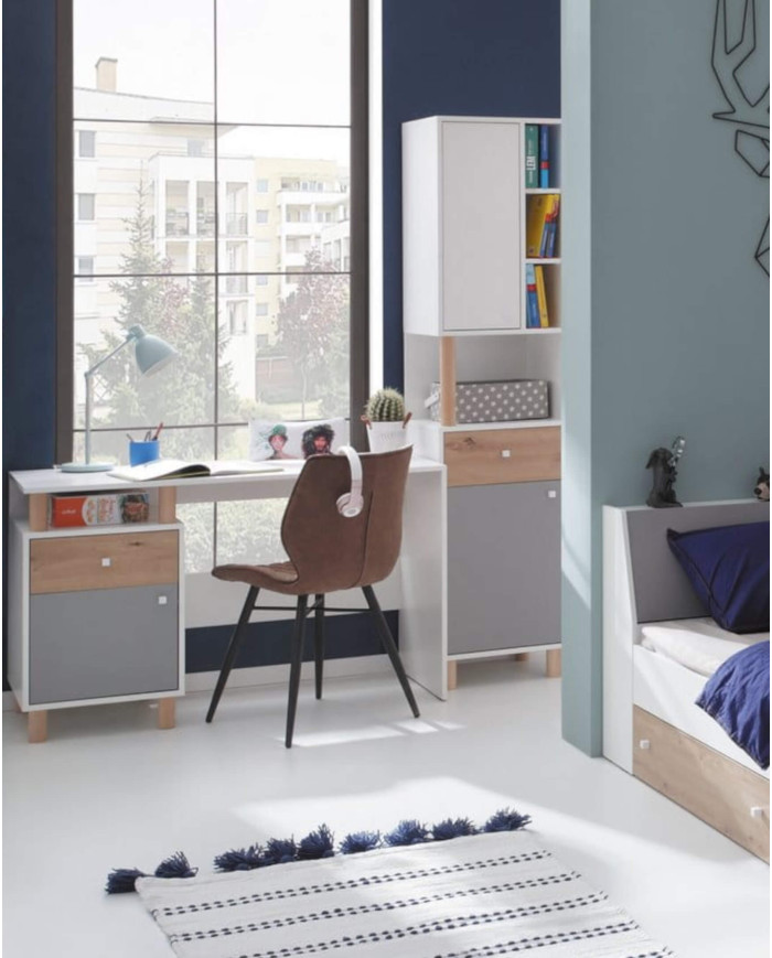 Komoda Faro FR10, drzwi, szuflady, Biały lux/ Dąb artisan/ Szary, MEBLAR