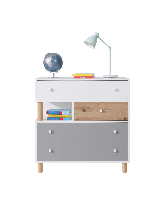 Komoda Faro FR11, szuflady, wnęka regałowa, Biały lux/ Dąb artisan/ Szary, MEBLAR