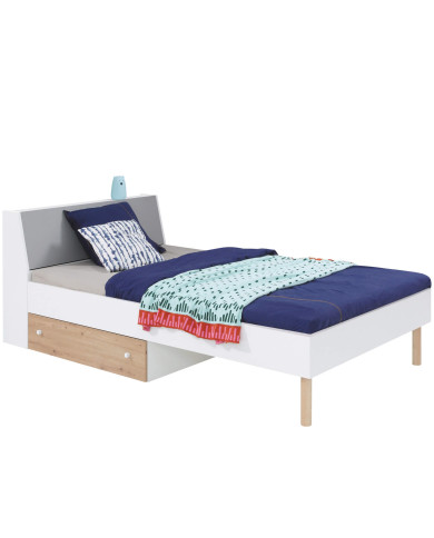 Łóżko Faro FR14, powierzchnia 90x200 cm, szuflada, otwierane wezgłowie, Biały lux/ Dąb artisan/ Szary, MEBLAR