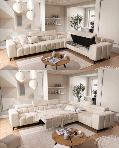 Narożnik Ragusso XL, 1B+3F+R+3SB, funkcja spania, pojemnik, regulowane zagłówki, Stagra